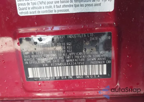 2010 Subaru Legacy 2.5I Premium z USA, uszkodzony, nr VIN 4S3BMBG64A3247850